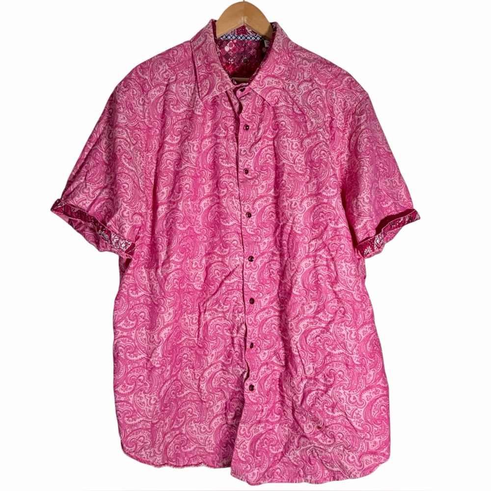 Robert Graham New Garden Pink Paisley Short Sleeve Button Up Shirt Men’s 2XL